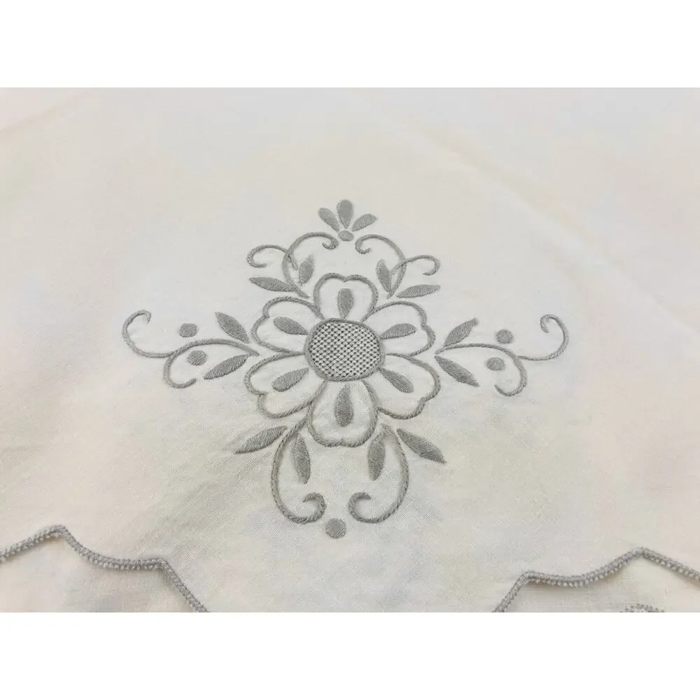 Vintage Large Tablecloth and 12 Napkins Embroidered Cream Grey Floral Bell Gray